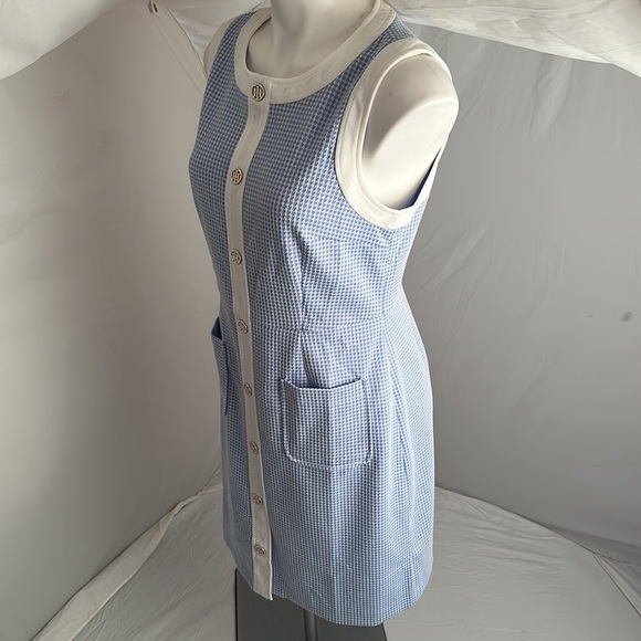 Tommy Hilfiger blue and white check print stretch sheath dress with logo buttons - Picture 3 of 10